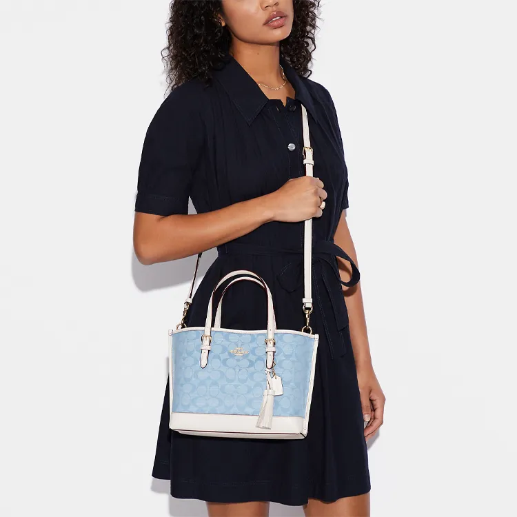 COACH Canvas With Leather Tote Bag, Shopping Bag, Handbag, Crossbody Bag Medium Size Women's Blue Monogram White-4