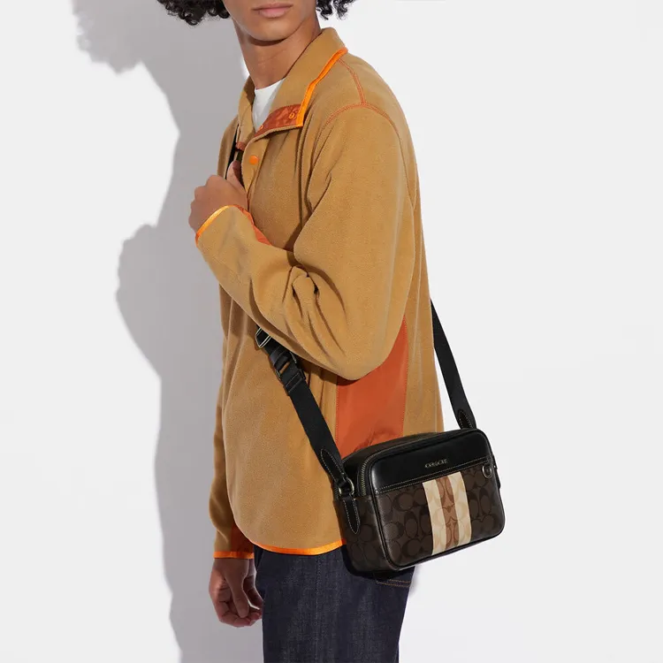 COACH Graham Canvas With Leather Camera Bag, Shoulder Bag Medium Size Men's Black & Dark Brown-3