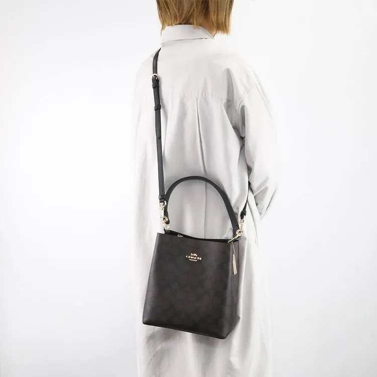 COACH Town Canvas With Leather Bucket Bag, Handbag, Shoulder Bag, Crossbody Bag Women's Dark Brown-2