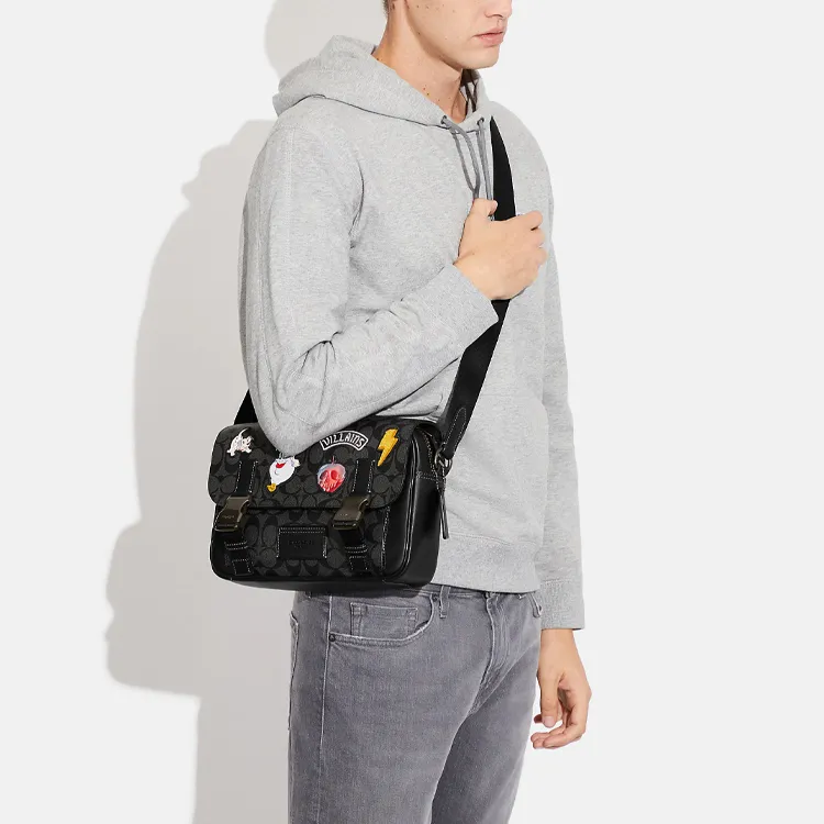 COACH Disney, Collaboration Track With Cow Leather Shoulder Bag, Crossbody Bag Large Size Women's Black-3