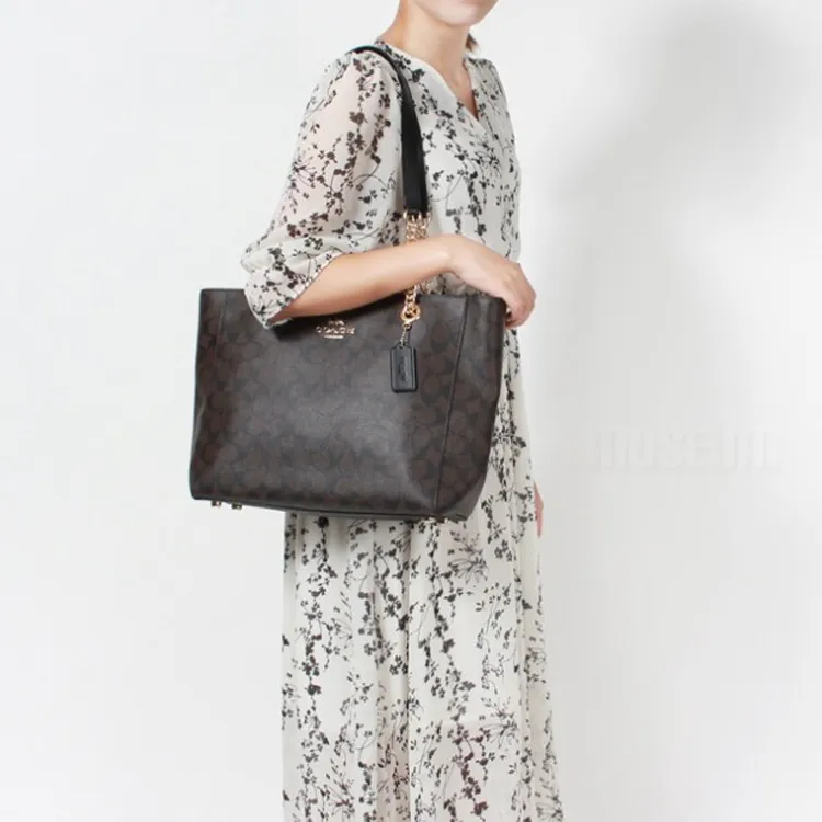 COACH Marlie Canvas With Leather Handbag, Tote Bag, Shopping Bag, Shoulder Bag Women's Dark Brown Monogram-3