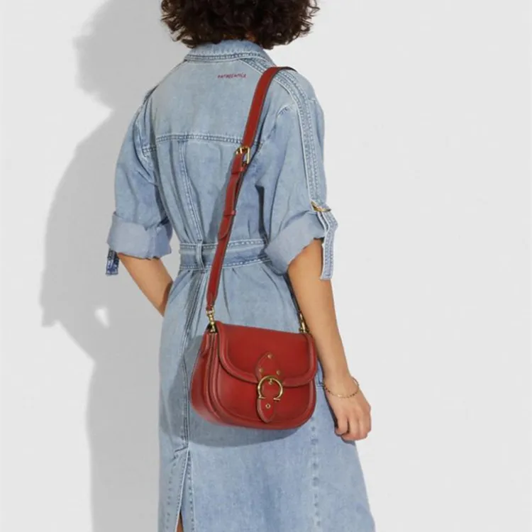 COACH Beat Leather Saddle Bag Shoulder Bag Crossbody Bag Medium Size Women's Brown Red-4