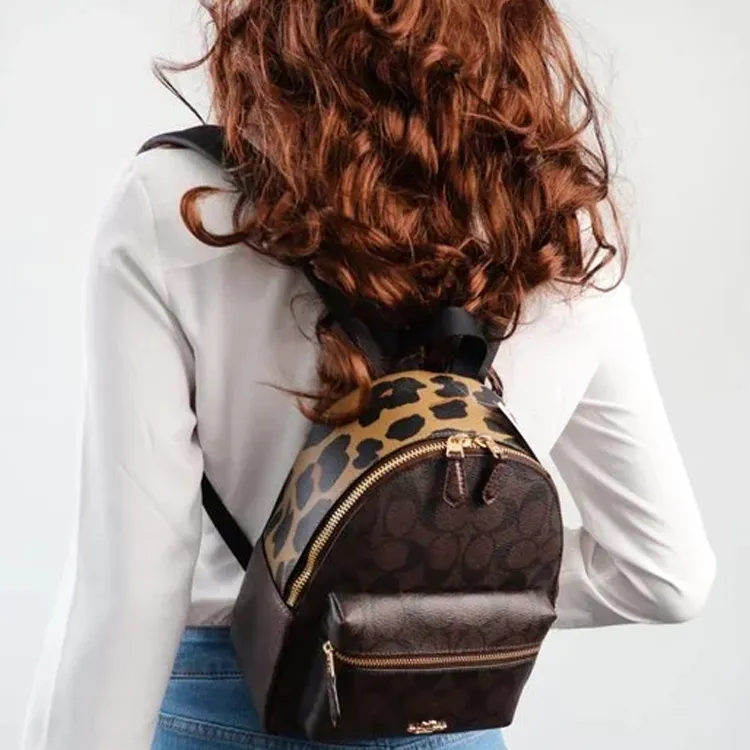 COACH Charlie Canvas With Leather Backpack Mini Unisex Dark Brown With Leopard Print-4