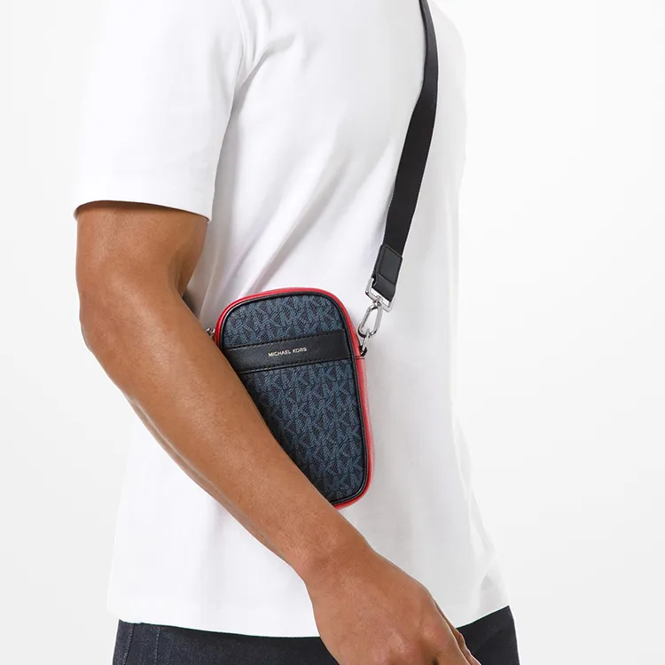 MICHAEL KORS Greyson Cow Leather Shoulder Bag Crossbody Bag Cell Phone Pouch Men's Dark Blue & Red-3
