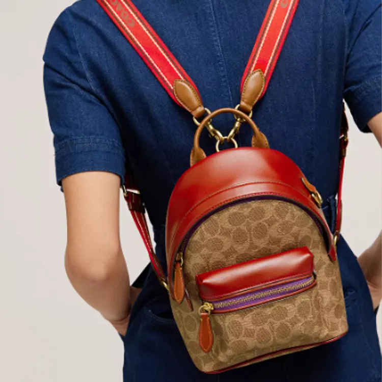 COACH Charter Canvas With Leather Backpack Small Size Women's Brown & Red-3