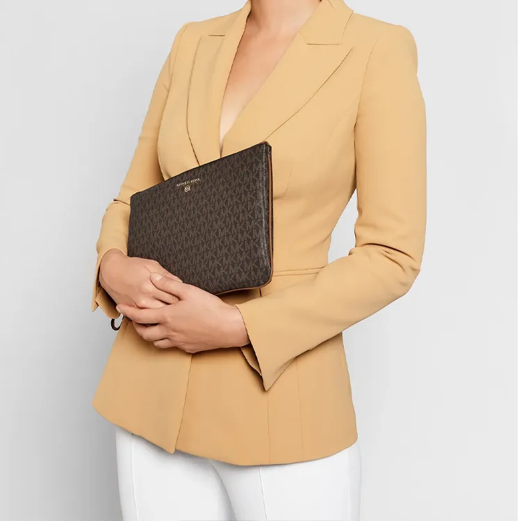 MICHAEL KORS Slater Cotton With Coated Canvas And Leather Trim Combo Bag Clutch Large Size Women's Dark Brown-4