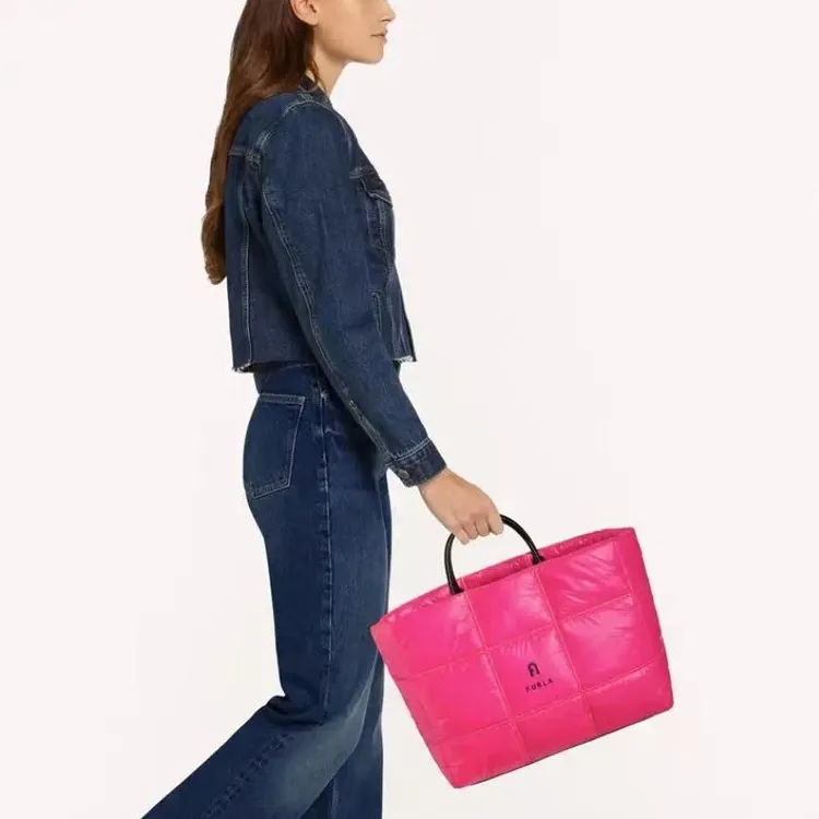 Furla Opportunity Nylon Patchwork Fabric Detail Tote Bag Shopping Bag Handbag Large Size Women's Neon Pink-4
