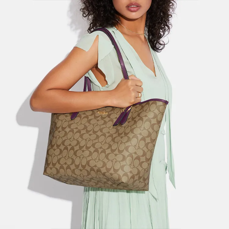 COACH City Canvas With Leather Tote Bag, Shopping Bag, Shoulder Bag, Handbag Tubas Women's Khaki-3