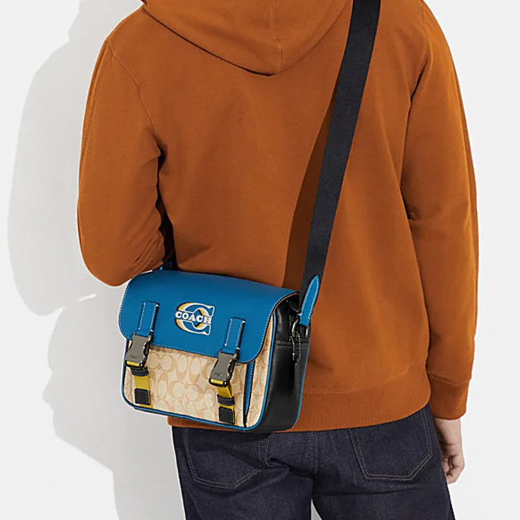 COACH Track Cow Leather Shoulder Bag, Crossbody Bag Regular Men's Blue Beige-4