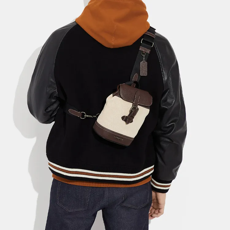 COACH Hudson Pebbled Leather With Canvas Sling Bag, Crossbody Bag Mini Men's Beige & Red Brown-4