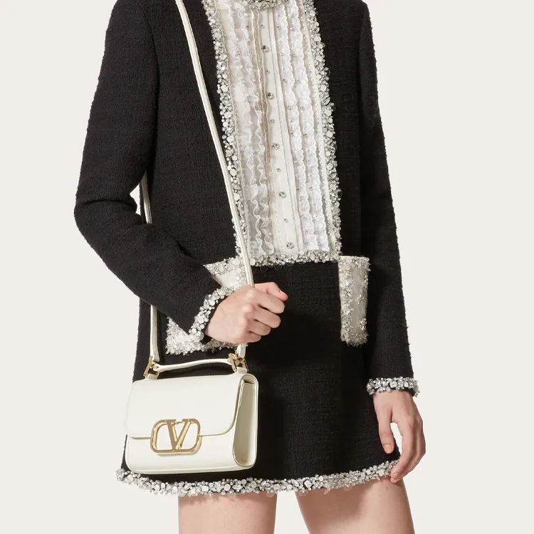 Valentino Vlogo Cow Leather Shoulder Bag, Crossbody Bag Small Size Women's White-7