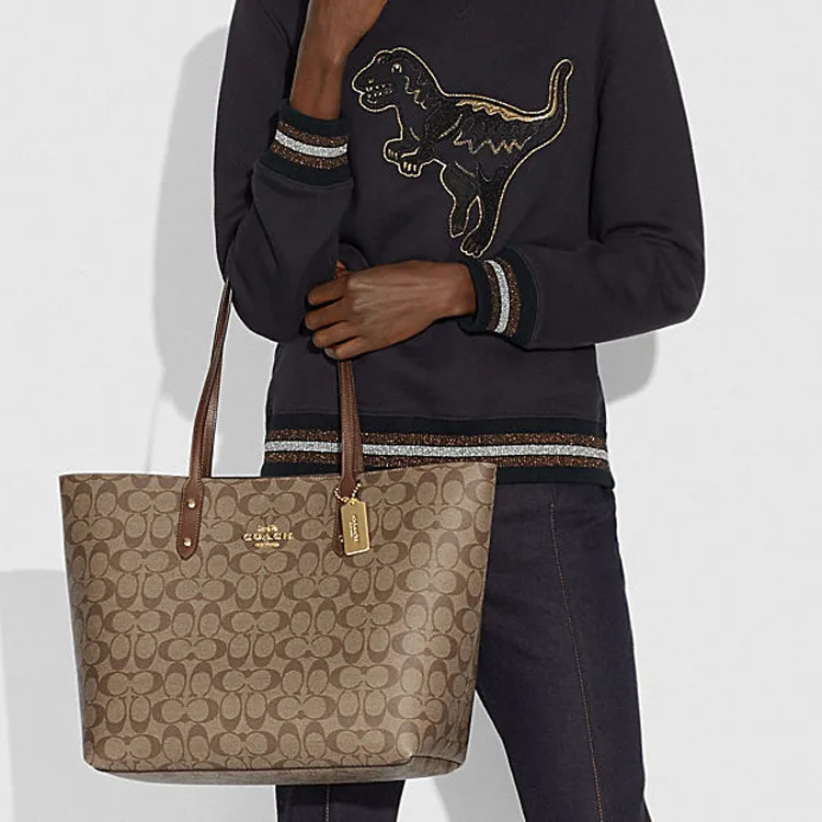 COACH Town Monogram Canvas With Leather Tote Bag Shopping Bag Handbag Shoulder Bags Women's Khaki/Pink-2