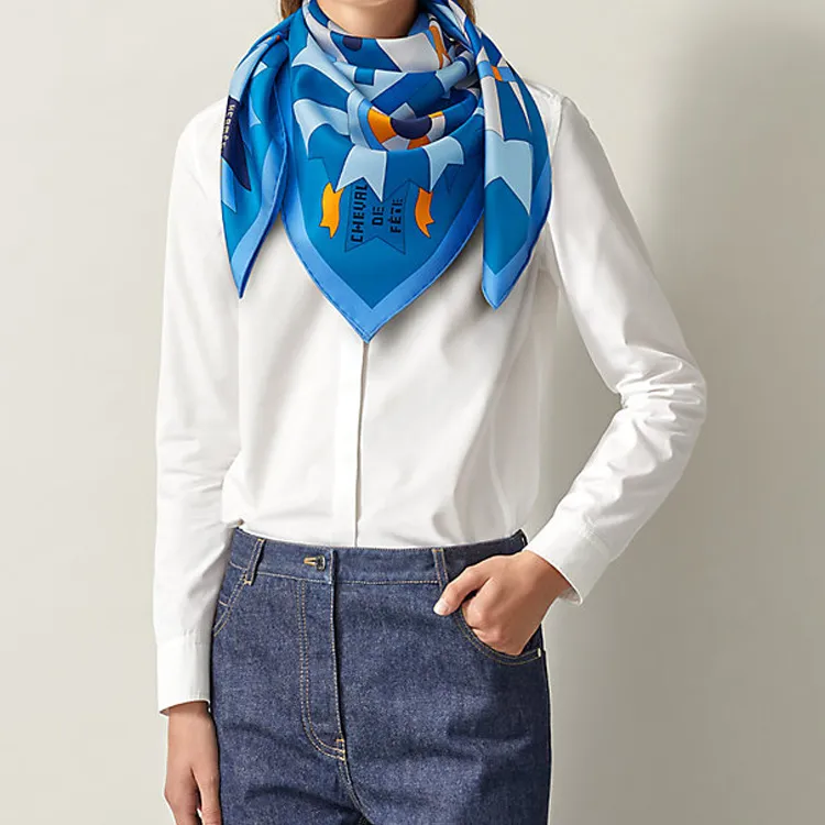 HERMES Celebration Steed Silk Scarves Women's Blue-1