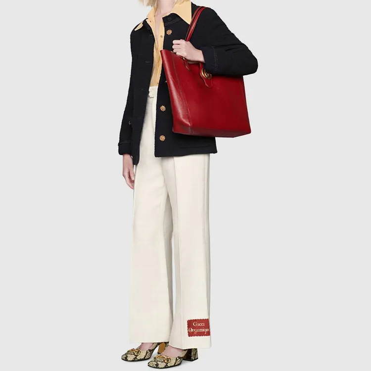 GUCCI Leather Tote Bag Shopping Bag Shoulder Bag Handbag Medium Size Women's Red-8