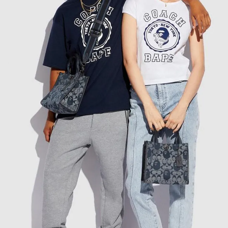 COACH Bape Collaboration Chambray Jacquard Fabric With Leather Tote Bag, Shopping Bag Trumpets Unisex Denim Blue-4