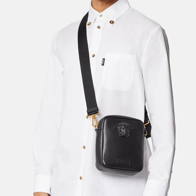 VERSACE La Medusa Leather Shoulder Bag Crossbody Bag Small Size Men's Black-5