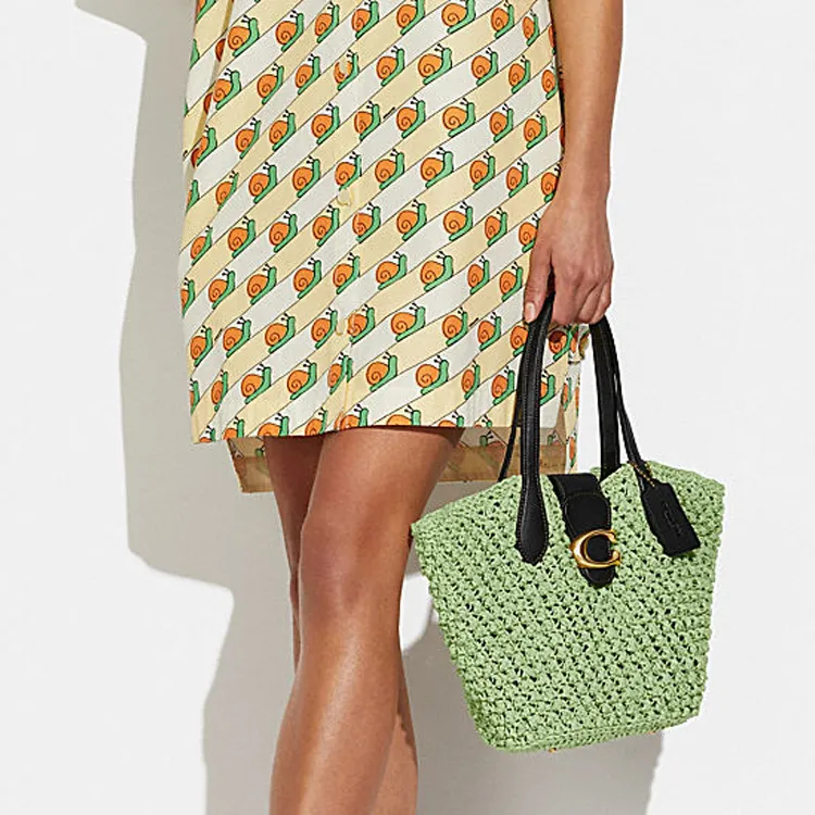 COACH Straw Tote Bag, Shopping Bag, Shoulder Bag, Handbag Medium Size Women's Turquoise-4