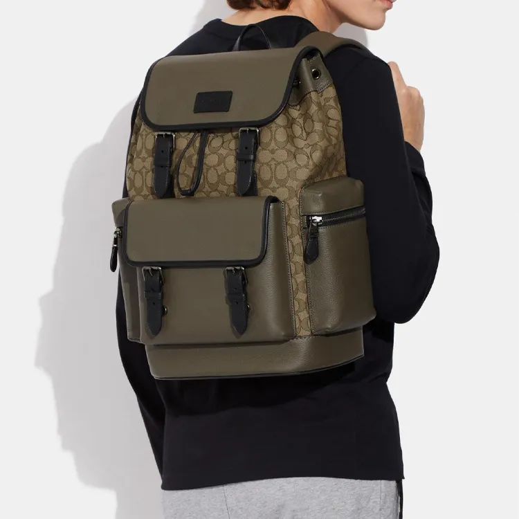 COACH Sprint Cow Leather With Fabric Backpack Tubas Men's Olive Green-3