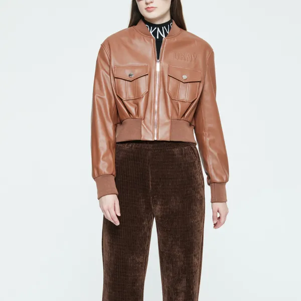DKNY Leather Jackets Women's Dark Coffee-3