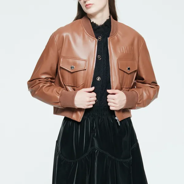 DKNY Leather Jackets Women's Dark Coffee-6