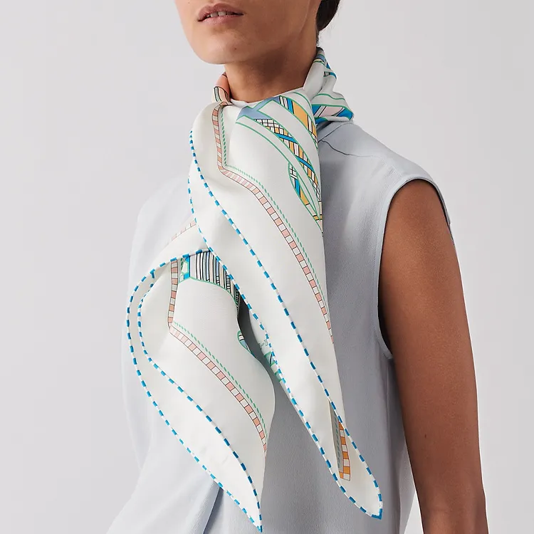 HERMES Curved Saddle Strap And Tatars Double Sided Square Scarf Light Blue/White-3