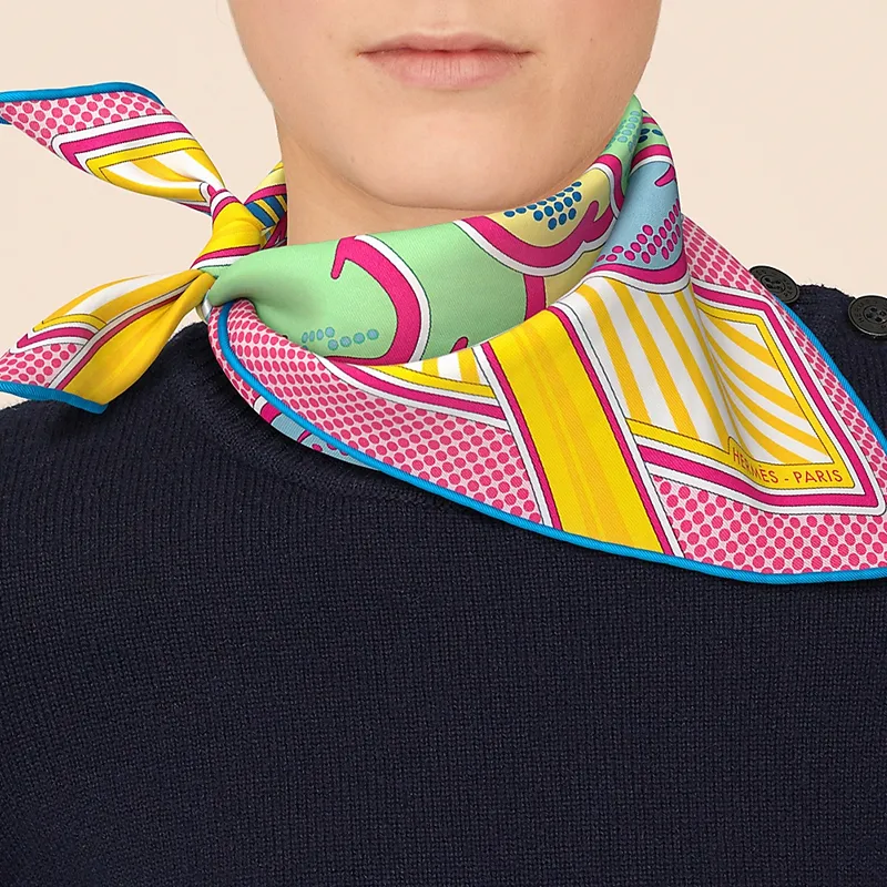 HERMES Silk Scarves Women's Bright Pink/Green/Yellow-1