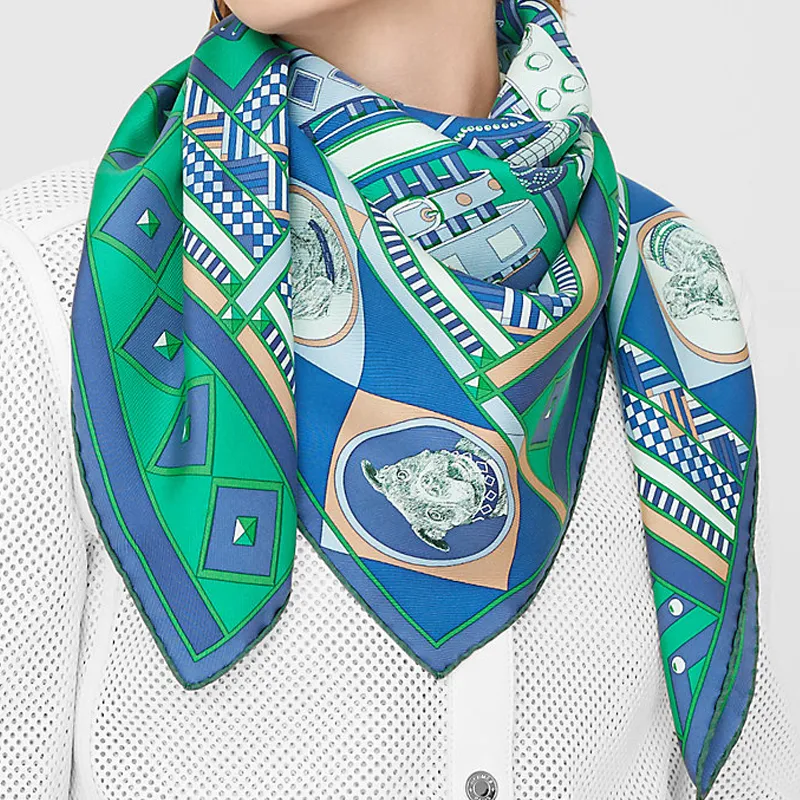HERMES Collar And Your Beloved Dog Silk Scarves Women's Green-1