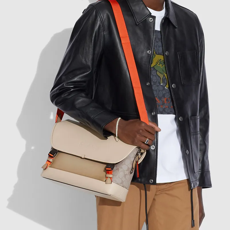 COACH League Canvas With Leather Messenger Bag, Shoulder Bag, Crossbody Bag, Handbag Tubas Men's Beige Orange-4