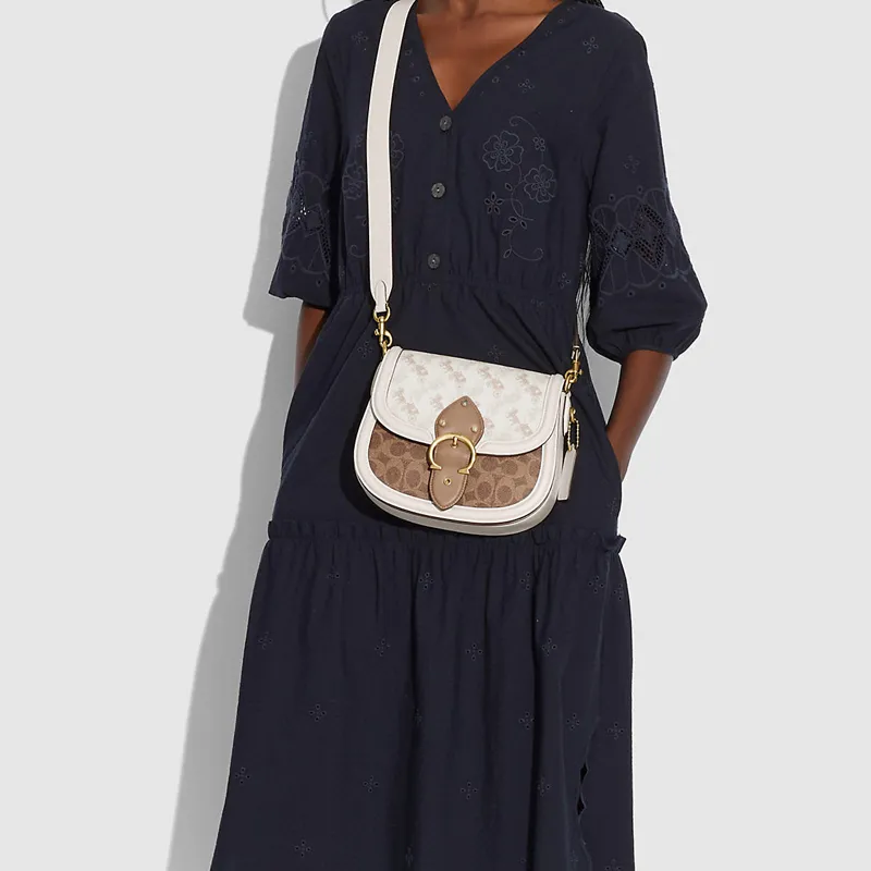 COACH Beat Canvas With Leather Saddle Bag, Shoulder Bag, Crossbody Bag Small Size Women's White Brown-3