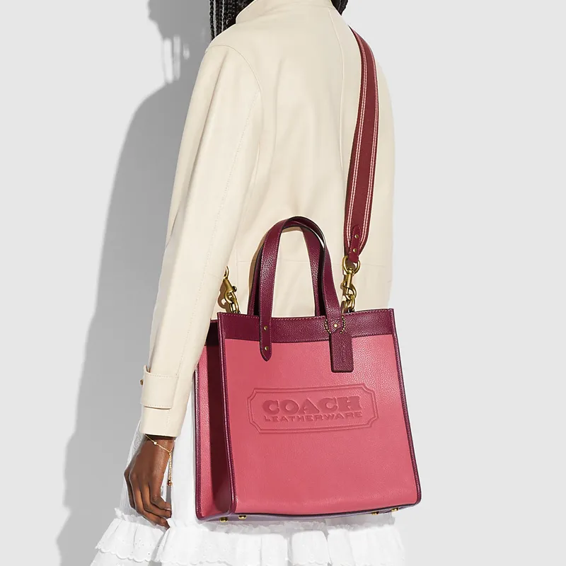 COACH Field Leather Tote Bag, Single Shoulder Crossbody Handbag Tubas Women's Strawberry Rouge Red-3