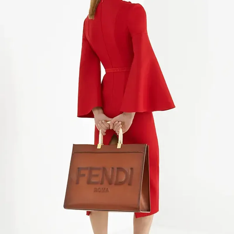 FENDI Sunshine Leather Sunlight Bag Tote Bag Shopping Bag Handbag Large Size Unisex Brown-4
