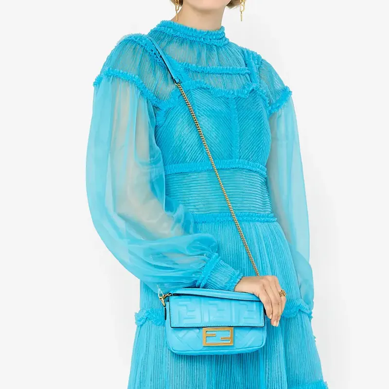 FENDI Baguette Lambskin Baguette Bag Handbag Shoulder Bag Crossbody Bag Mini Women's Light Blue-4