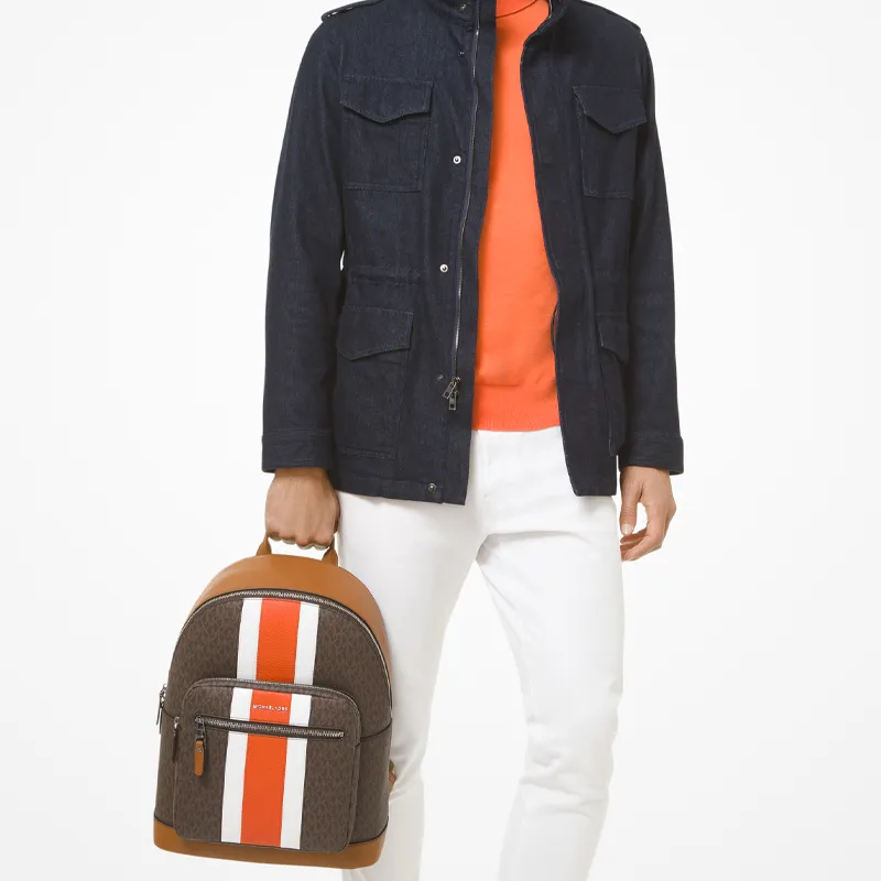 MICHAEL KORS Hudson Textile Artificial Leather Backpack Men's Dark Brown/Leather Brown/White/Orange-3