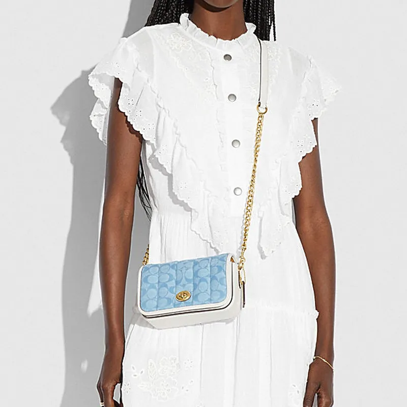 COACH Dinky Canvas With Leather Quilting Jacquard Chain Bag One Shoulder Crossbody Flap Bag Small Size Women's Blue-3