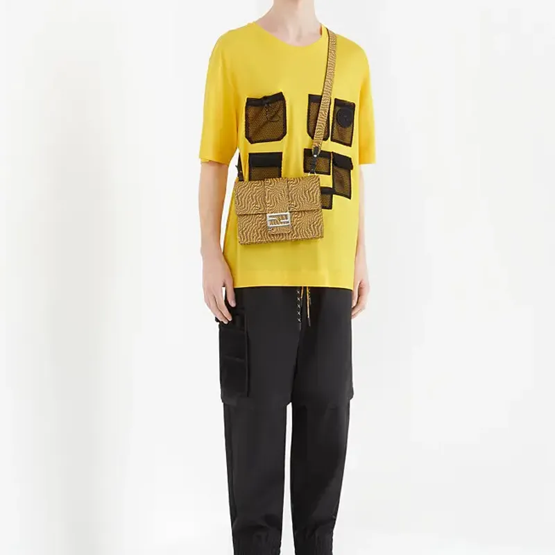 FENDI Baguette Leather Baguette Bag Shoulder Bag Crossbody Bag Medium Size Men's Yellow/Black-4