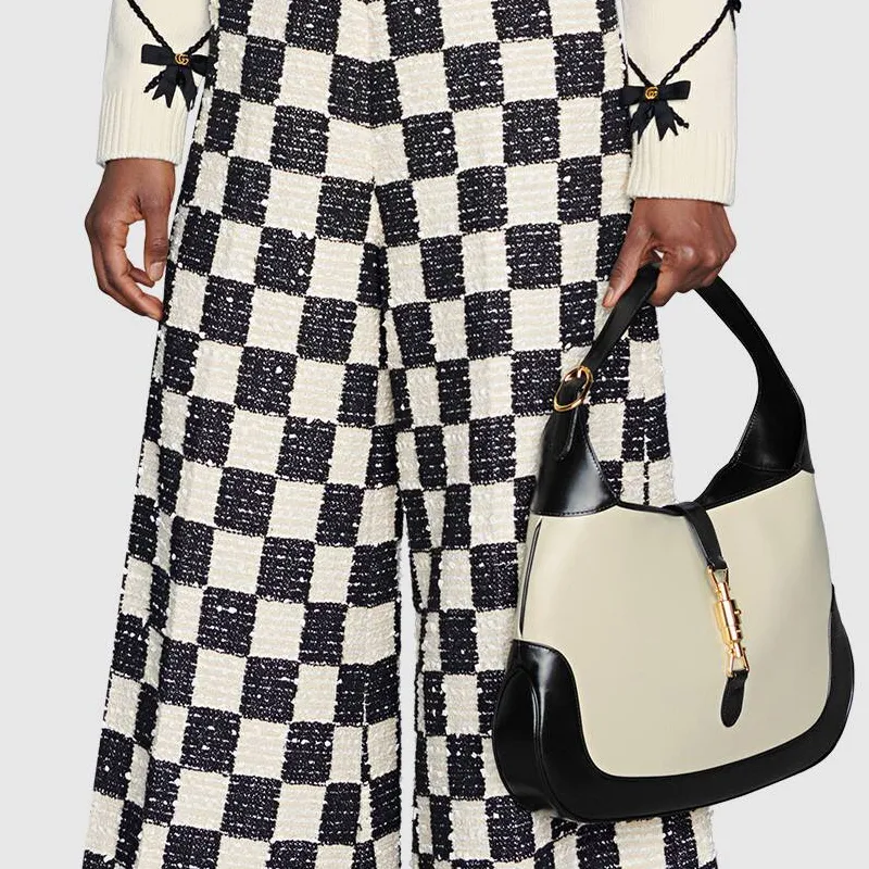 GUCCI Jackie 1961 Leather Crescent Shoulder Bag Shoulder Bag Medium Size Women's Black White-10