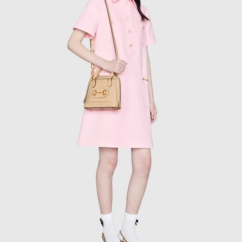GUCCI Horsebit 1955 Leather Dome Bag, One Shoulder Handbag, Crossbody Bag Mini Ecru-6