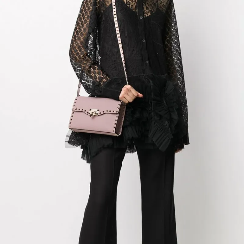 Valentino Rockstud Calfskin Messenger Bag Shoulder Bag Crossbody Bag Women's Pink-4