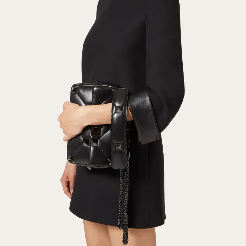 Valentino Roman Stud Sheepskin Handbag Crossbody Bag Shoulder Bag Medium Size Women's Black-4