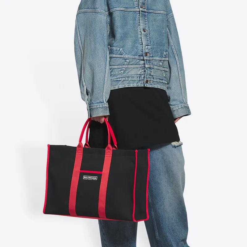 Balenciaga Canvas Tote Bag Shopping Bag Handbag Men's Black/Red-4