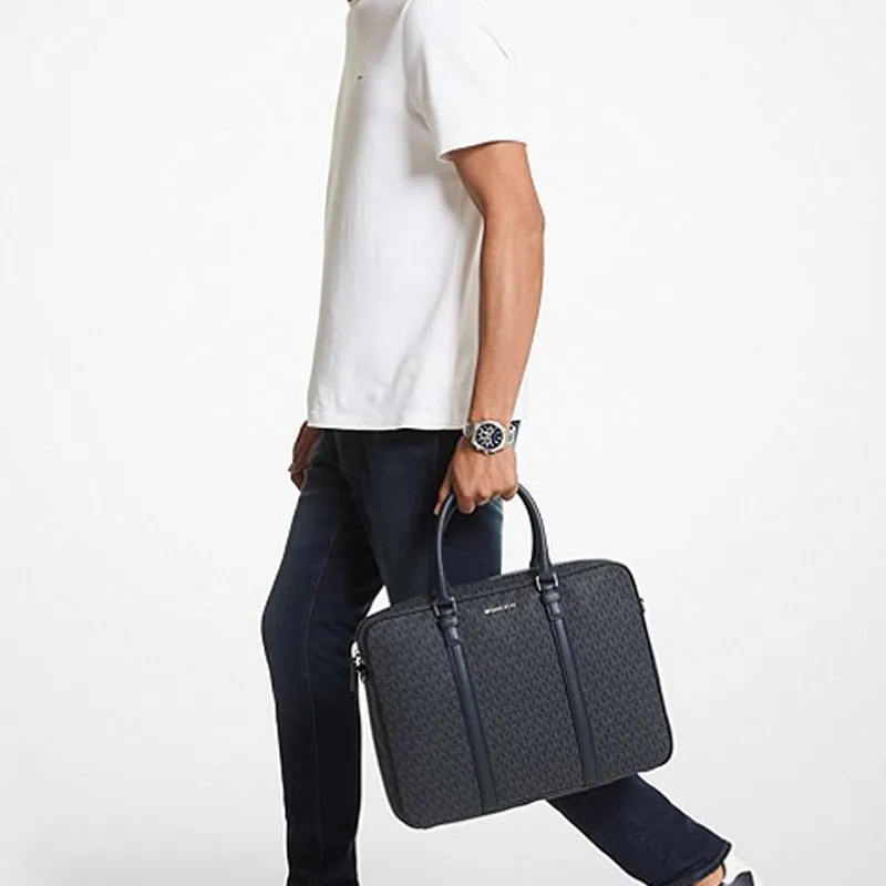 MICHAEL KORS Hudson Artificial Leather Briefcase, Handbag Men's Dark Blue-7