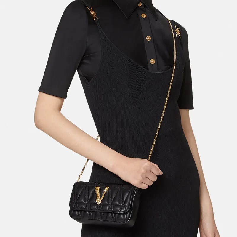 VERSACE Virtus Leather Clutch, Crossbody Bag Mini Women's Black-6