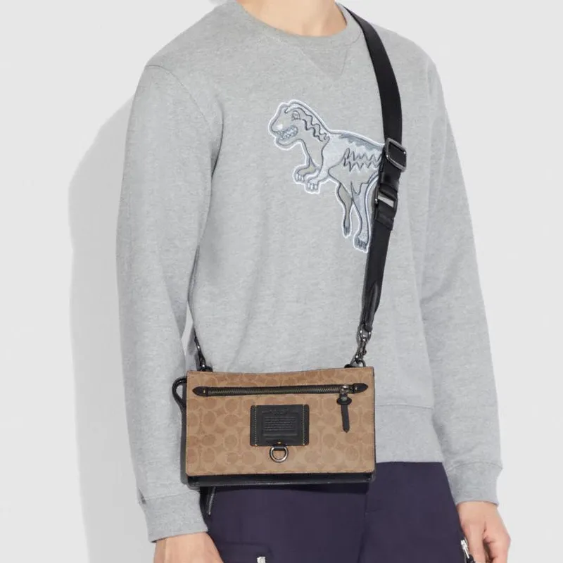 COACH Rivington Canvas With Leather One Shoulder Crossbody Clutches Men's Khaki Monogram-4