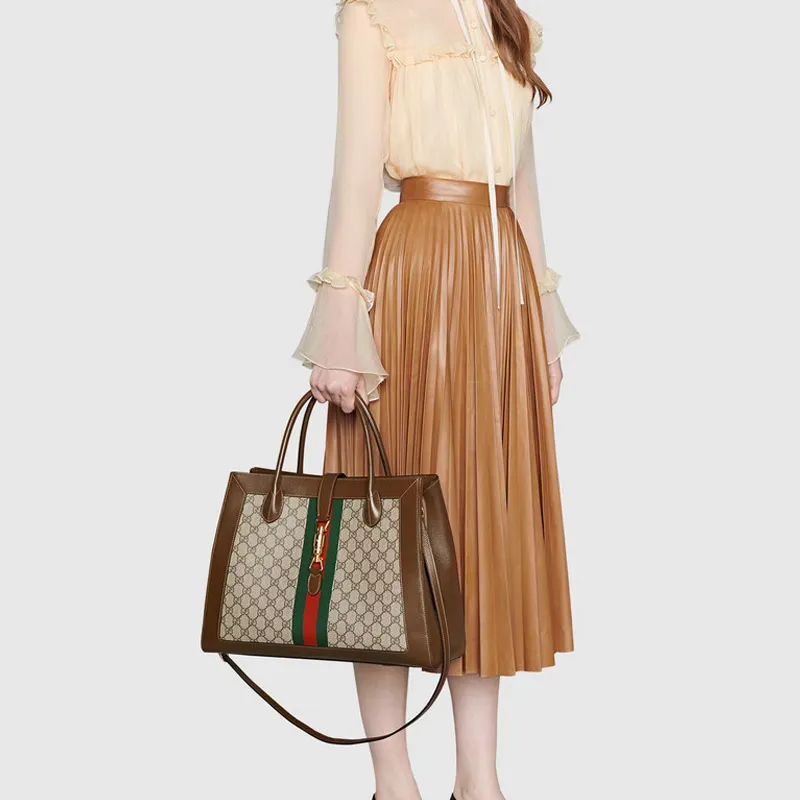 GUCCI Jackie 1961 Canvas With Leather Trim Tote Handbags Shoulder Bags Unisex Brown-6
