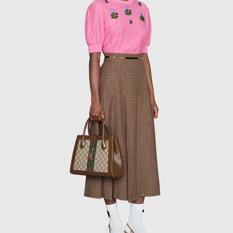 GUCCI Jackie 1961 Canvas With Leather Trim Tote Handbag, Shoulder Bag Medium Size Unisex Brown-6
