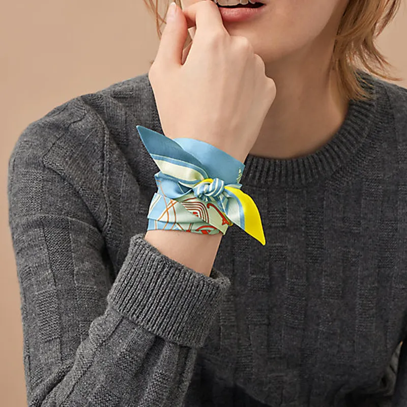 HERMES Ex Libris Small Silk Scarves Women's Light Blue Gray Yellow-1