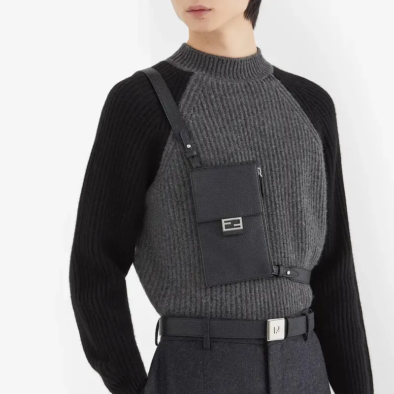 FENDI Baguette Cow Leather Baguette Bag, Shoulder Bag, Crossbody Bag, Cell Phone Pouch Men's Black-4