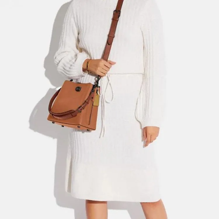 COACH Pebbled Leather Bucket Bag Handbag Shoulder Bag Crossbody Bag Medium Size Women's Orange-Brown-3
