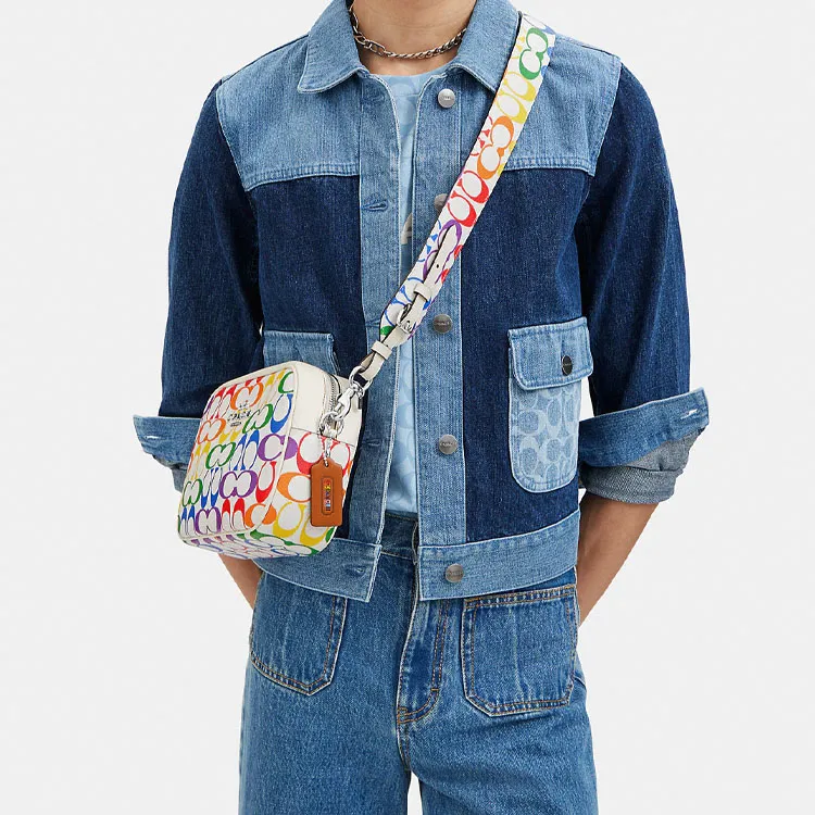COACH Canvas With Cow Leather Bag Accessory Bag Strap Unisex Rainbow & White-4