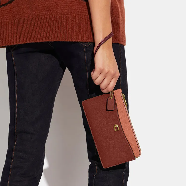 COACH L Zip Cow Leather Wrist Bag Coin Purse, Clutch Small Size Women's Nude & Saddle Brown-4